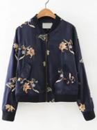 Shein Navy Floral Embroidered Bomber Jacket With Pockets