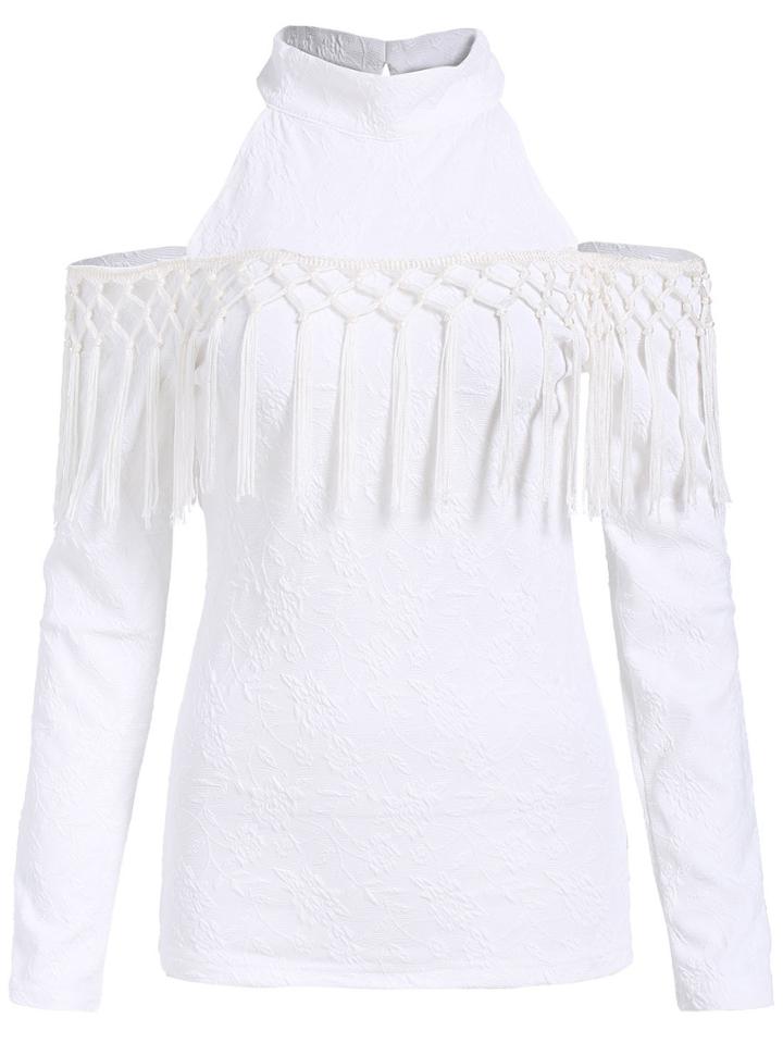 Shein White Stand Collar Cold Shoulder Tassel Blouse