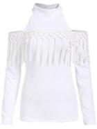 Shein White Stand Collar Cold Shoulder Tassel Blouse