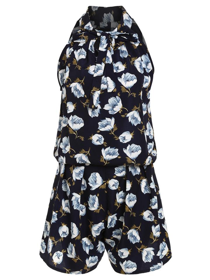 Shein Flower Print Halter Neck Top With Shorts