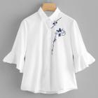 Shein Flounce Sleeve Botanical Embroidered Shirt