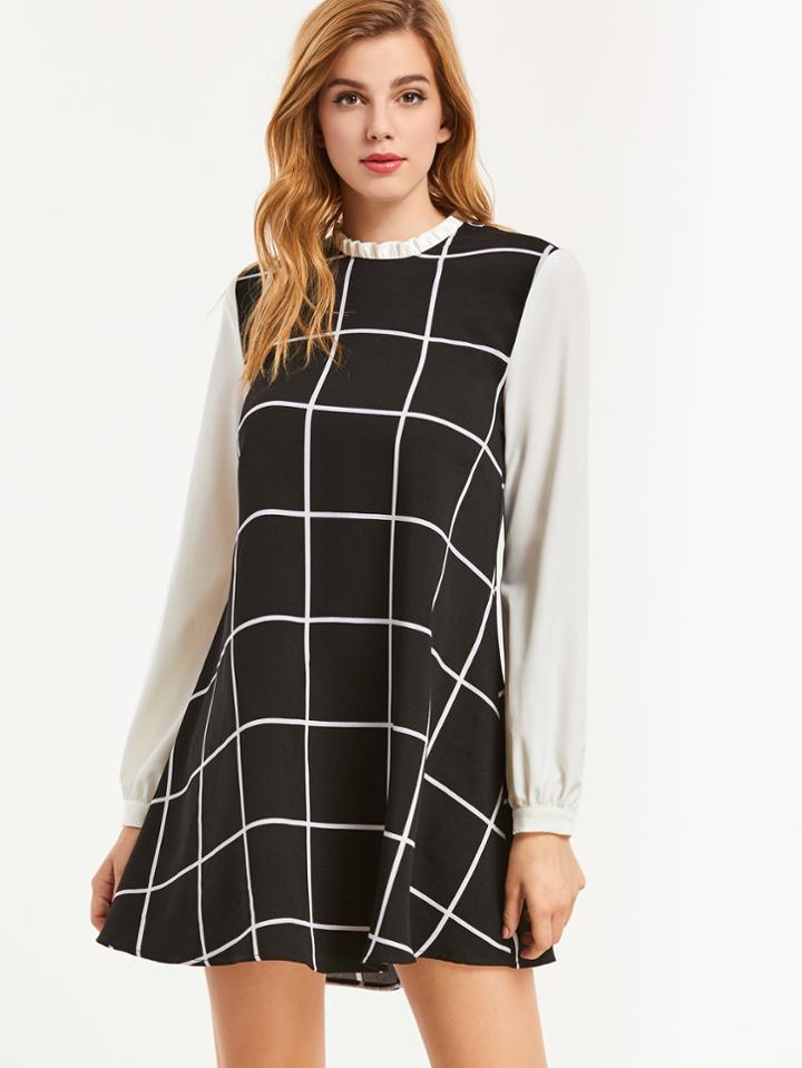 Shein Black Grid Ruffle Collar Contrast Long Sleeve Dress