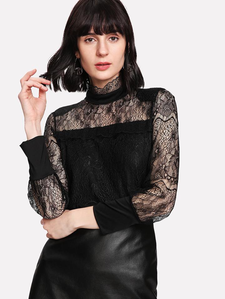 Shein Button Keyhole Back Floral Lace Blouse