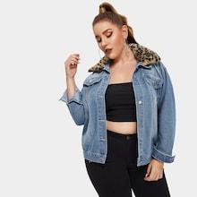Shein Plus Contrast Leopard Print Faux Fur Neck Denim Jacket