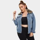 Shein Plus Contrast Leopard Print Faux Fur Neck Denim Jacket