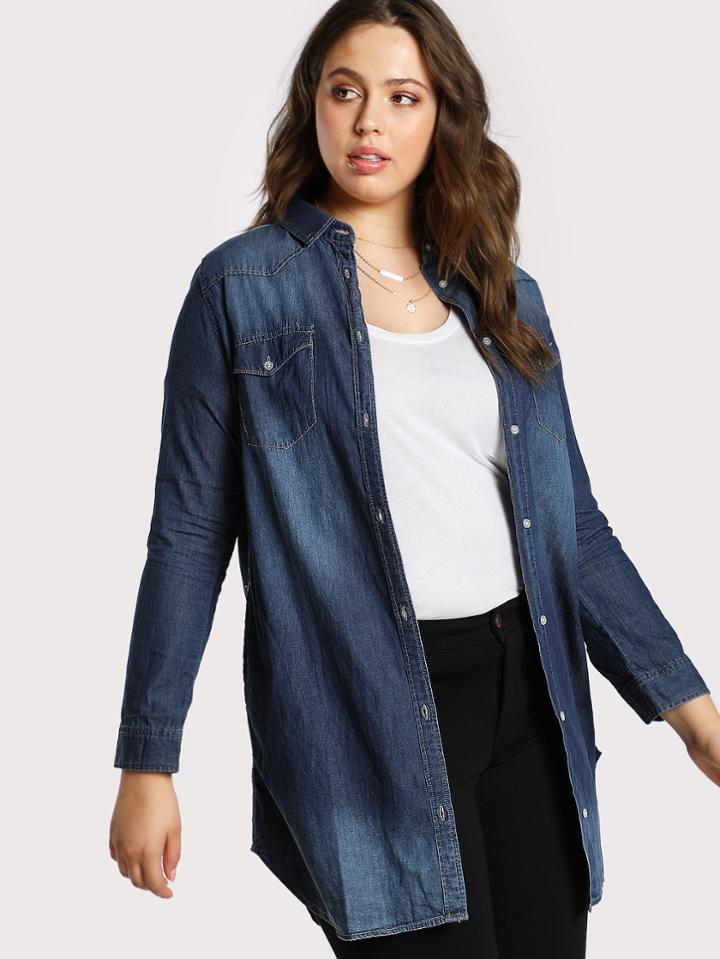 Shein Dark Wash Denim Button Up Blouse Denim