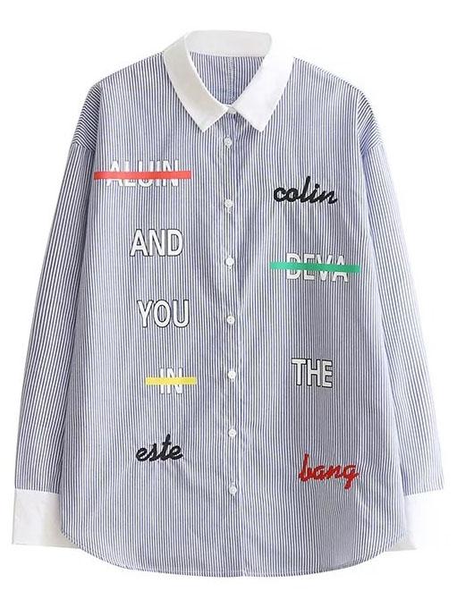 Shein Blue Vertical Striped Letter Print Contrast Collar Blouse