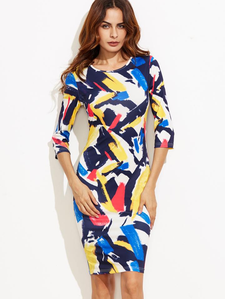 Shein Brush Stroke Print Pencil Dress