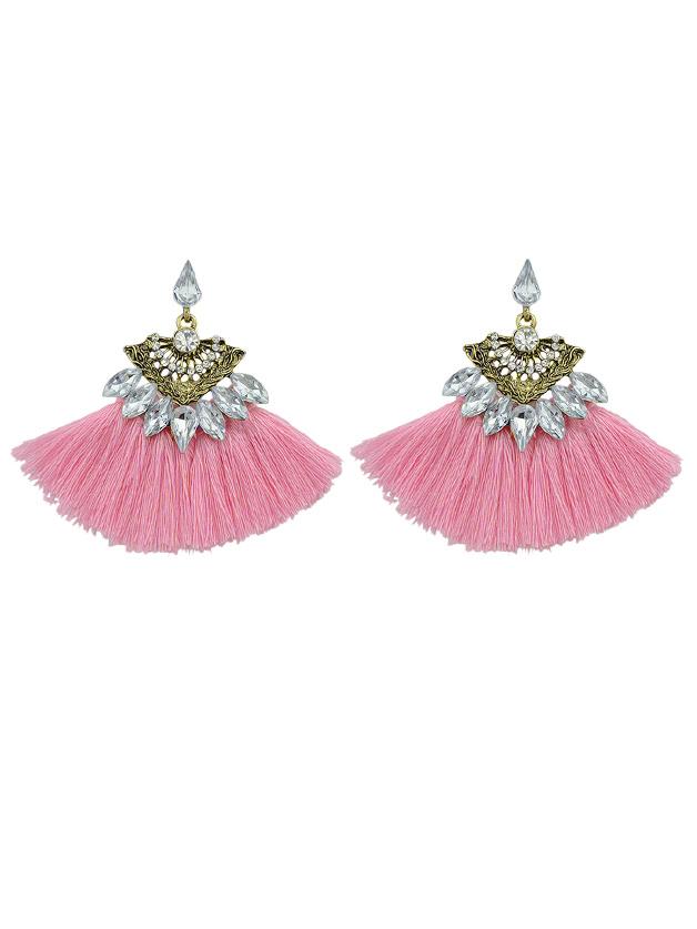 Shein Pink Luxury Rhinestone With Long Tassel Sector Shape Bohemian Earrings