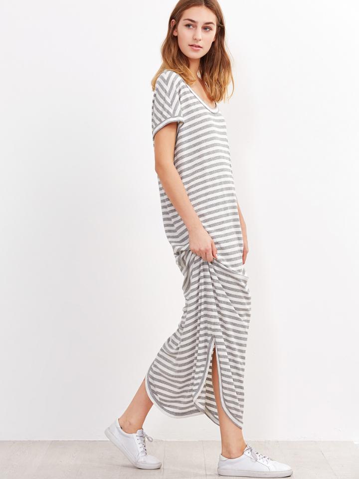 Shein Grey And White Striped Curved Hem Ribbed Dress