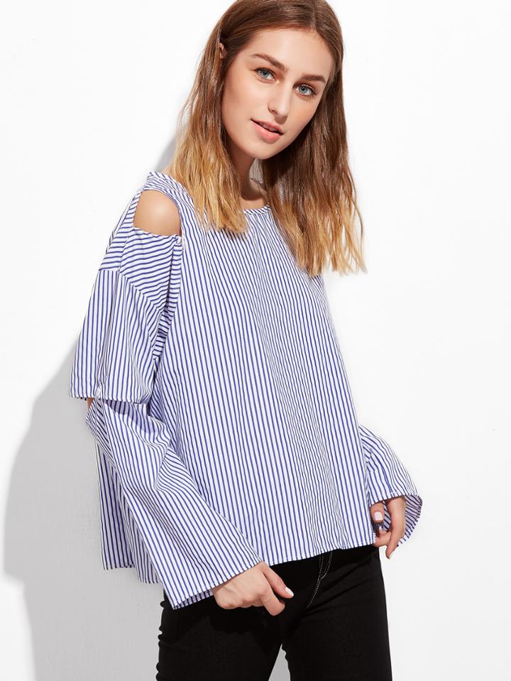 Shein Blue Vertical Striped Cut Out Blouse