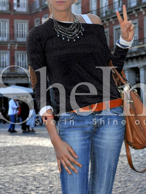 Shein Grey Wide Neck Elbow Patch T-shirt