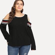 Shein Plus Contrast Binding Frilled Stripe Tee