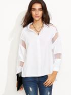 Shein White Mesh Insert Slit Side Dip Hem Shirt