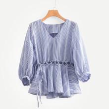 Shein Lace-up Detail Pep Hem Striped Blouse