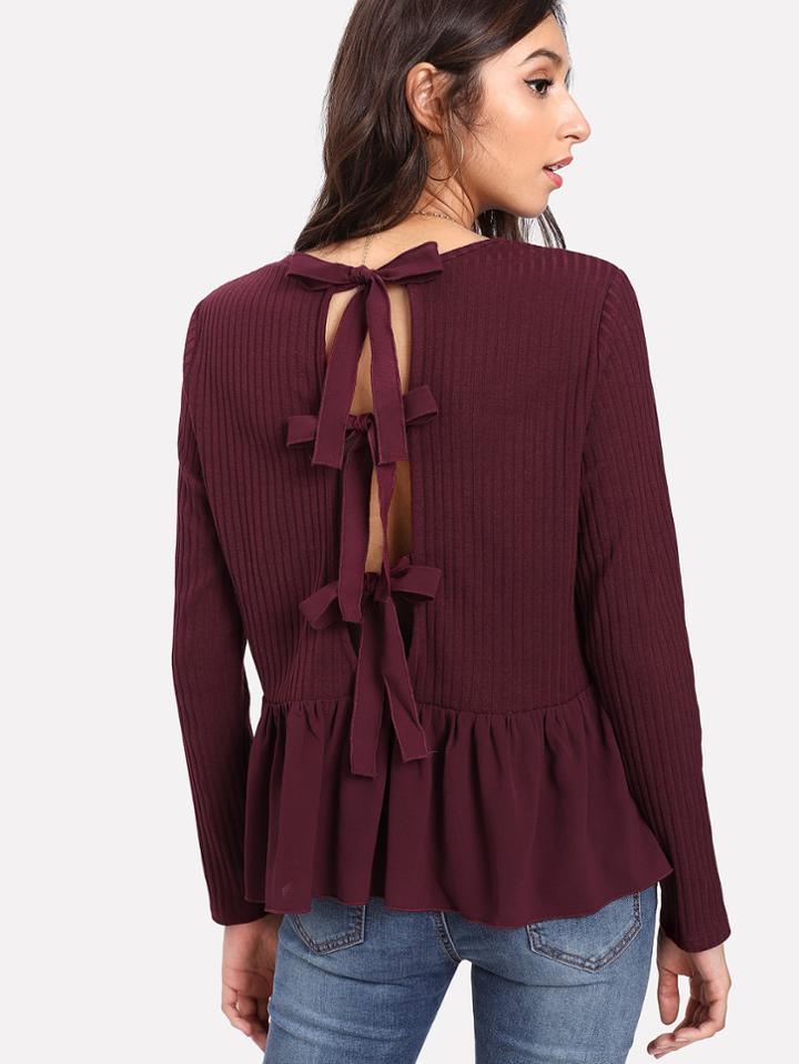 Shein Bow Embellished Back Mixed Media T-shirt