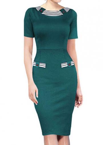 Rosewe Round Neck Knee Length Green Bodycon Dress