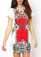 Rosewe Fine Quality Round Neck Short Sleeve Printed Dress
