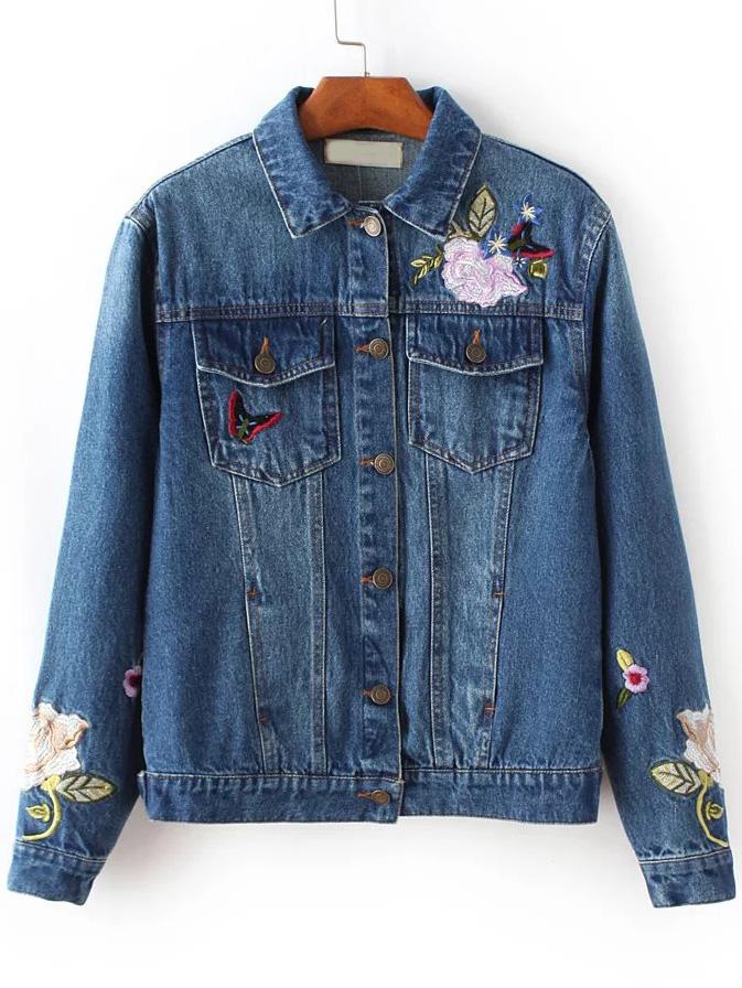 Shein Blue Floral Embroidery Denim Jacket