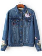 Shein Blue Floral Embroidery Denim Jacket