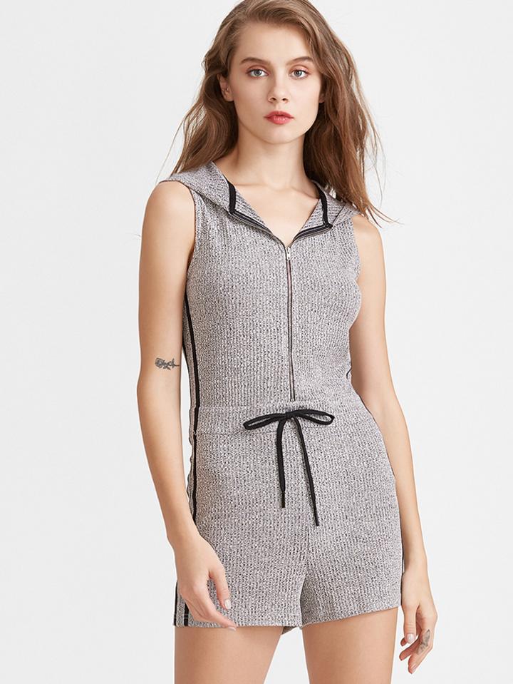 Shein Grey Marled Ribbed Knit Zip Up Side Striped Hooded Romper