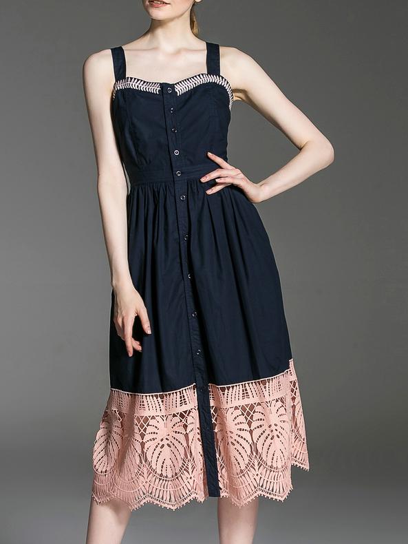 Shein Navy Strap Backless Crochet Hollow Out Dress