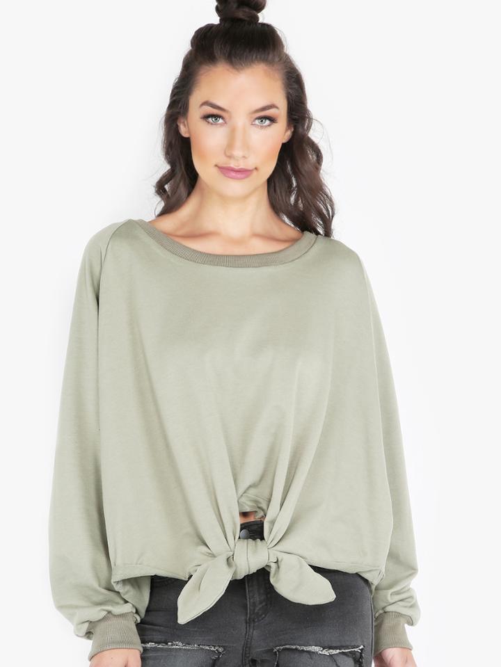 Shein Knotted Crew Neck Pullover Sage