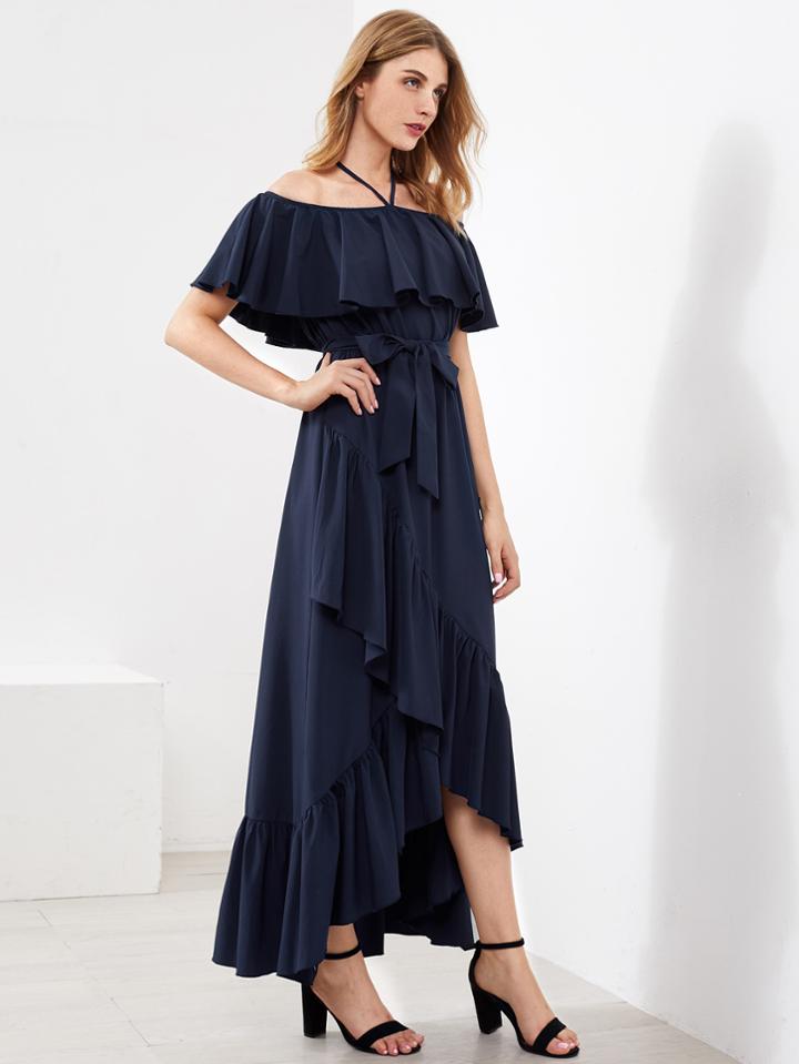 Shein Halter Frill Off Shoulder Overlap Tiered Dress