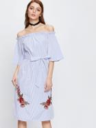 Shein Blue Vertical Striped Appliques Dress With Belt