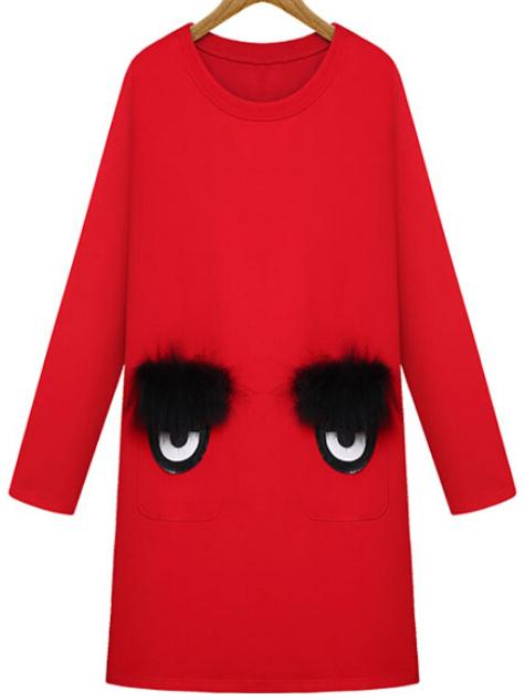 Shein Red Round Neck Eyes Pattern Straight Dress