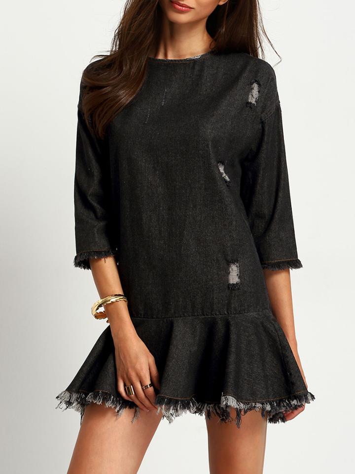 Shein Black Ripped Frayed Ruffle Drop Waist Denim Dress