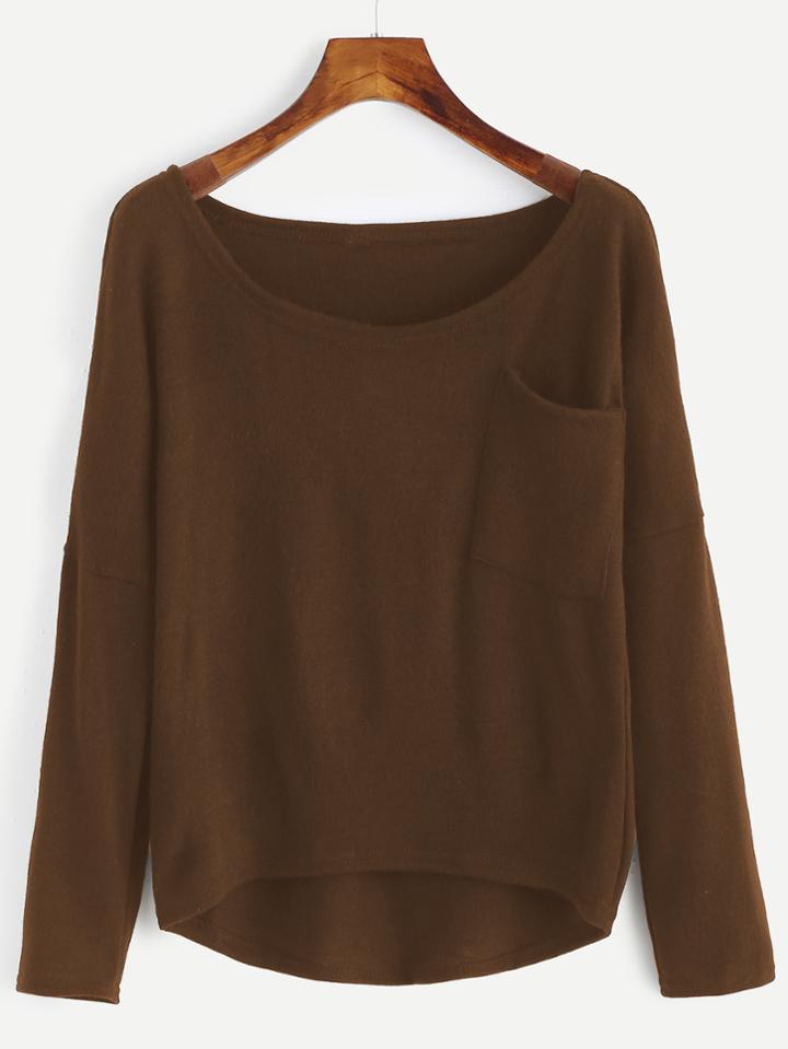 Shein Dark Khaki Pocket Dip Hem T-shirt