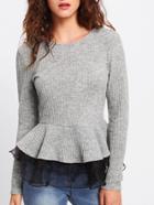 Shein Contrast Mesh Trim Rib Knit Peplum Top