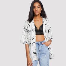 Shein Self Tie Waist Figure Print Kimono