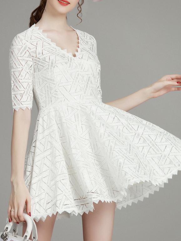 Shein White V Neck Mesh Zigzag A-line Dress