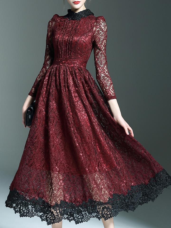 Shein Burgundy Crochet Hollow Out Midi Lace Dress