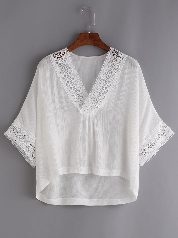 Shein V-neck Lace Trimmed Top - White