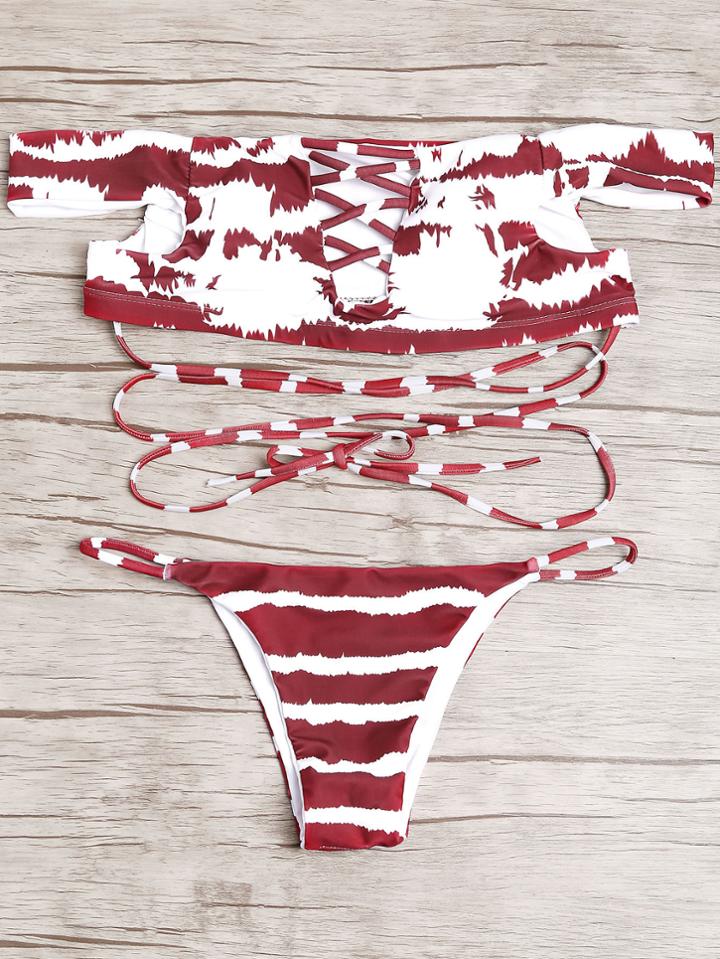 Shein Burgundy Off The Shoulder Criss Cross Bikini Set