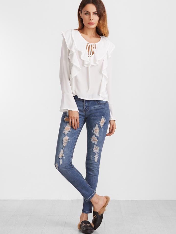 Shein White Tie Neck Bell Sleeve Ruffle Trim Blouse