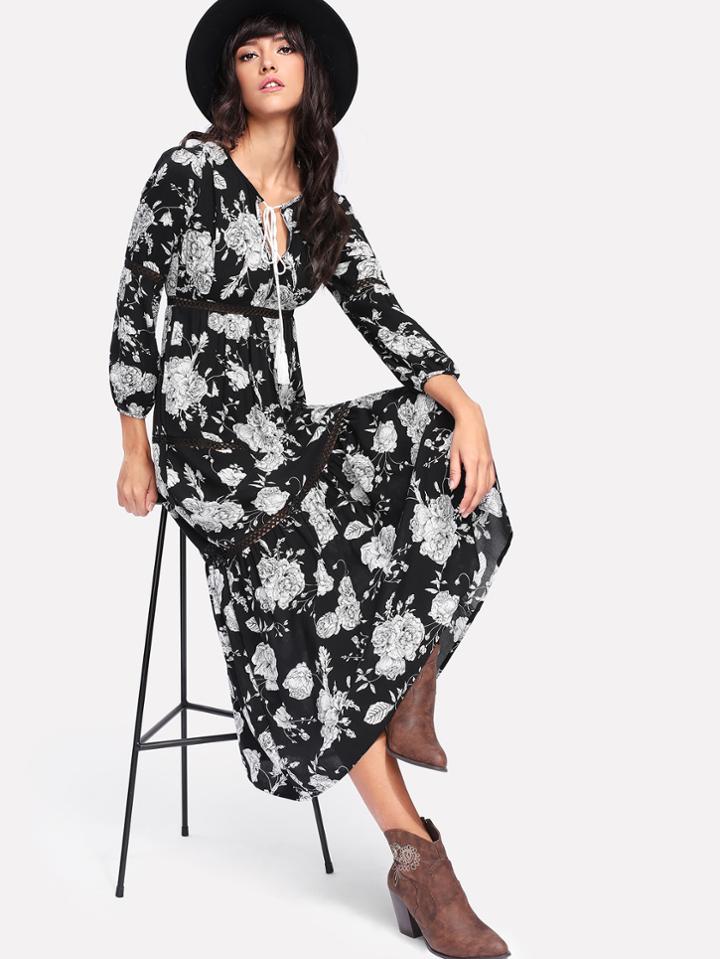Shein Tassel Tie Neck Lace Insert Floral Dress