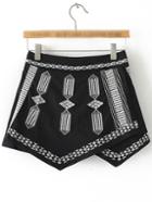 Shein Black Elastic Waist Tribal Embroidery Culottes