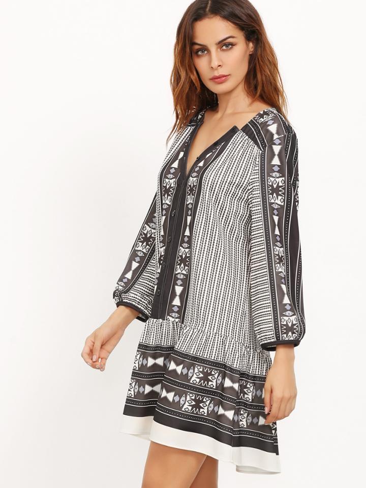 Shein Buttoned V Neckline Smock Dress