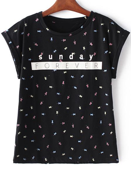 Shein Black Roll Cuff Letters Pushpins Print T-shirt