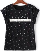 Shein Black Roll Cuff Letters Pushpins Print T-shirt