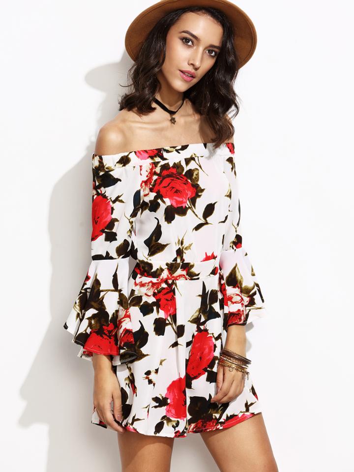 Shein Floral Print Off The Shoulder Bell Sleeve Romper