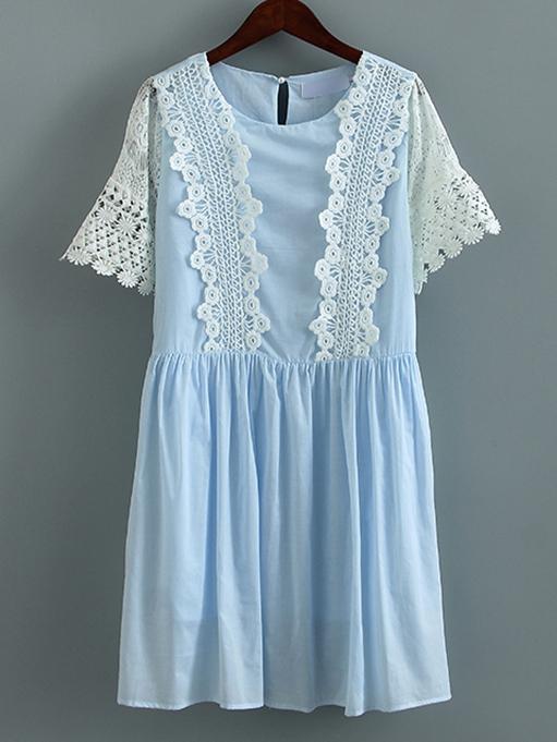 Shein Blue Crochet Key-hole Back Pleated Dress