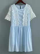 Shein Blue Crochet Key-hole Back Pleated Dress