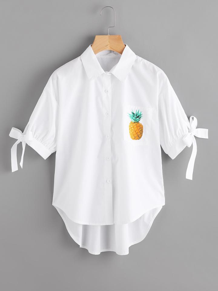 Shein Pineapple Print Tie Cuff Dip Hem Shirt