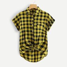 Shein Single Breasted Plaid Knot Hem Shirt