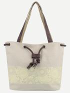 Shein Beige Printed Braided Drawstring Canvas Tote Bag